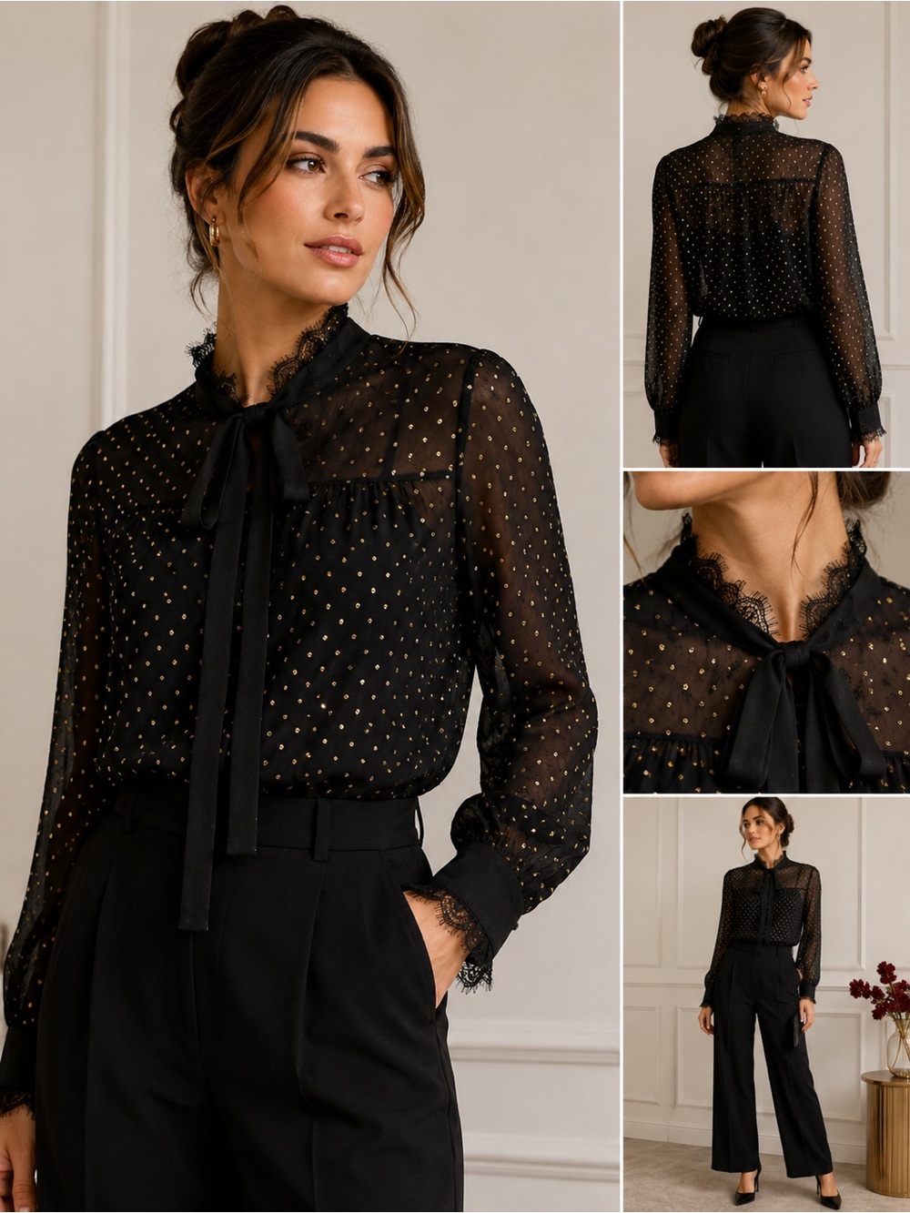 NWT Ted Baker Riaa Metallic Gold Dot Lace Trim Tie-Neck Blouse Size 2 (US 6)